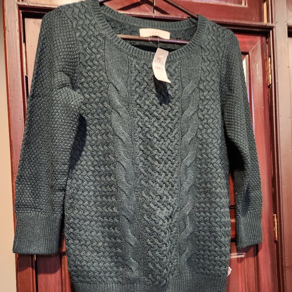 LOFT Green Cable Knit Crew Neck Sweater, Women's Small, Brand New with Tags